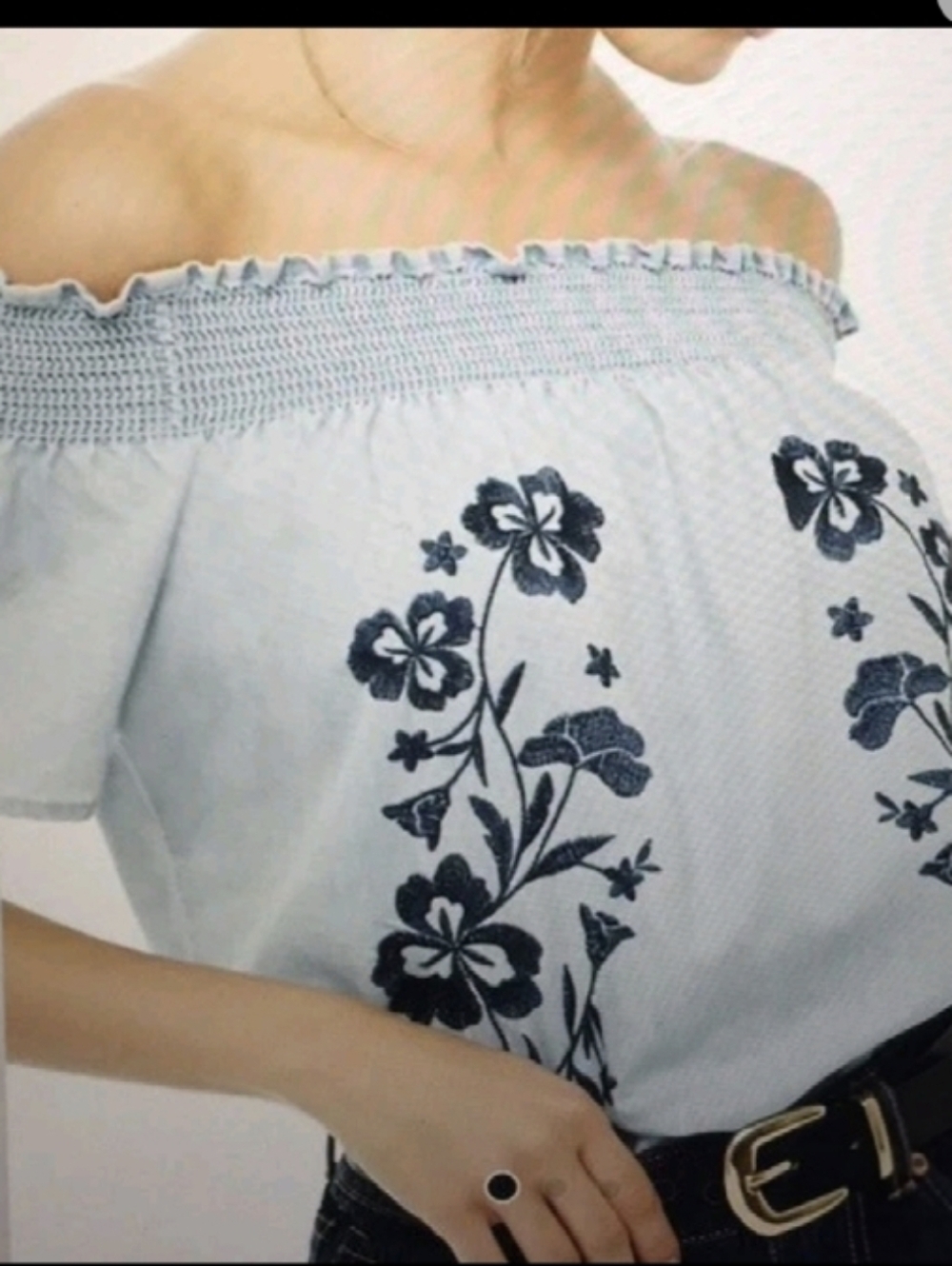 Love Tree Light Blue Off-Shoulder Embroidered Floral Top